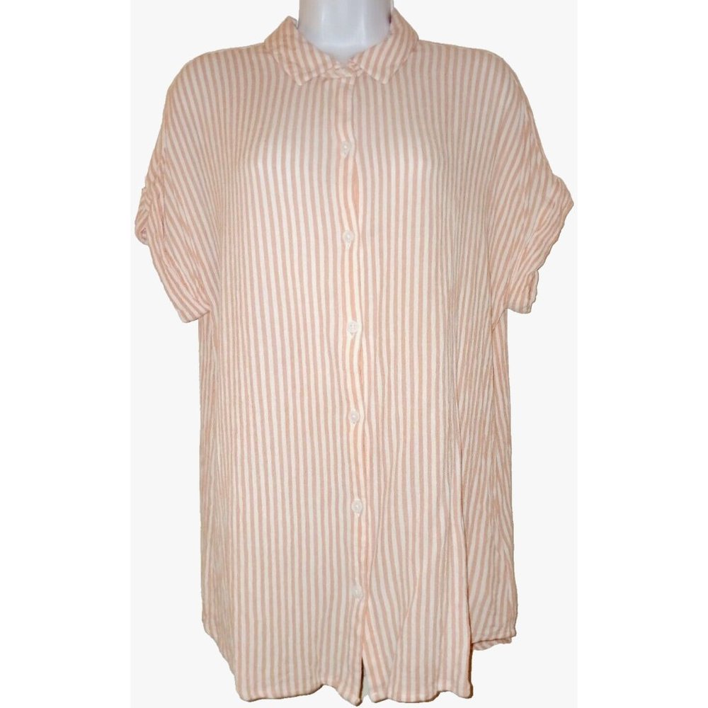 BEACH LUNCH LOUNGE Large Pink/White Stripe Rayon Cap Sleeve Button Front Shirt